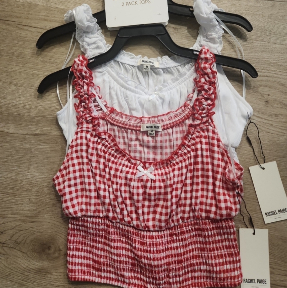 Rachel Paige 2-Pack Crop Tops – Red Gingham & White – Size M